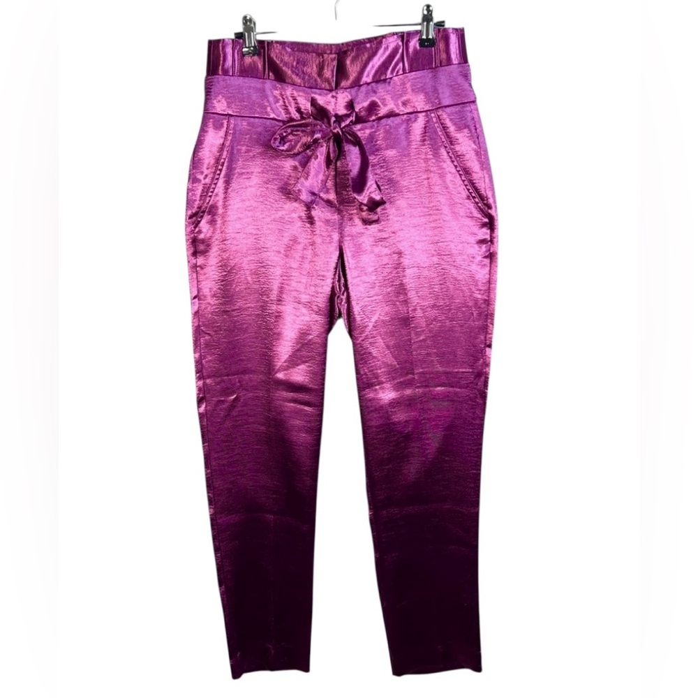 NY&Co Purple Satin Pants High Rise Pockets Tapered Leg Stretch Size 14 NWT